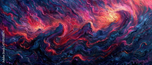  a painting of red, purple, and blue swirls on a black background with a white dot at the bottom of the image.