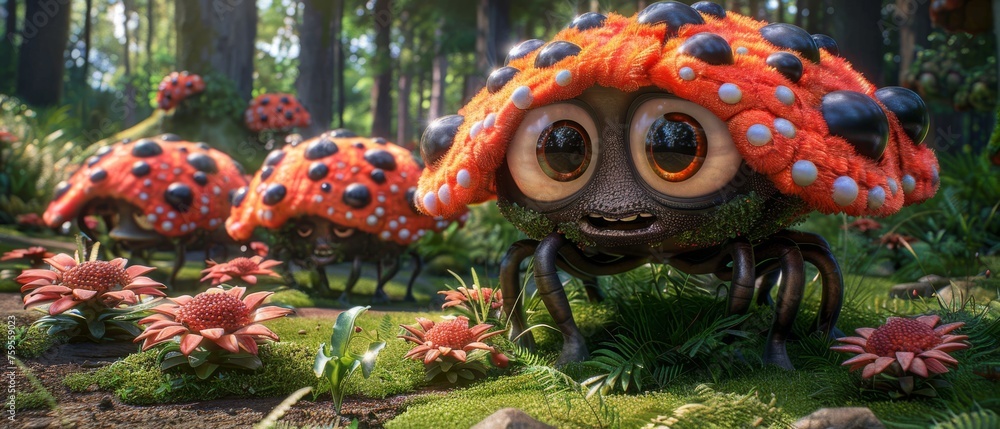 a close up of a cartoon character in a field of flowers and grass with a group of ladybugs in the background.