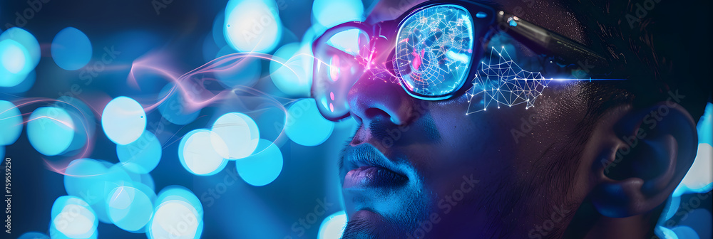 a young man wearing a pair of glasses and illuminated by blue lights a young man wearing a pair of glasses and illuminated by blue lights