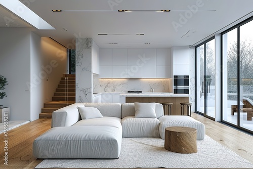 Penthouse living room and kitchen interior design, lounge with sofa and carpet, dining table, island with stools, parquet. Modern minimalist white architecture concept idea © abstract Art