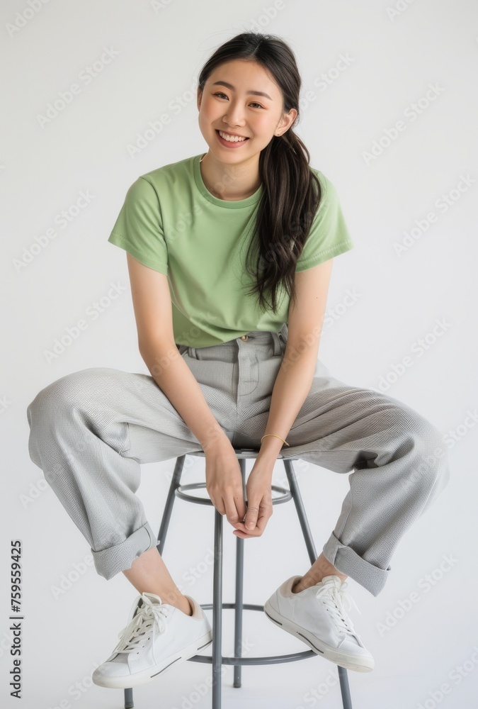 An asian woman is sitting on a stool wearing a green shirt and gray pants. She is smiling and she is happy