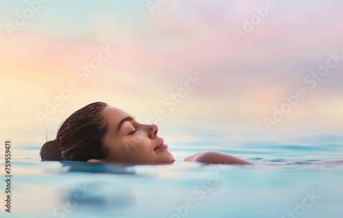 A woman is swimming in water and appears to be relaxed. The water is calm and the sky is pink and purple