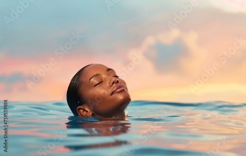 A black woman is swimming in the ocean with her head above the water. The water is calm and the sky is a beautiful pink and orange color