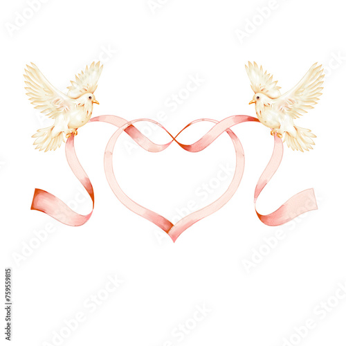 birds holding heart shape ribbon banner