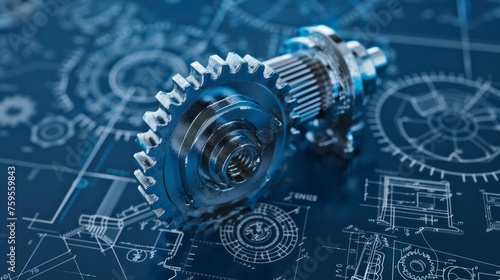 Precision gear mechanics on engineering blueprint