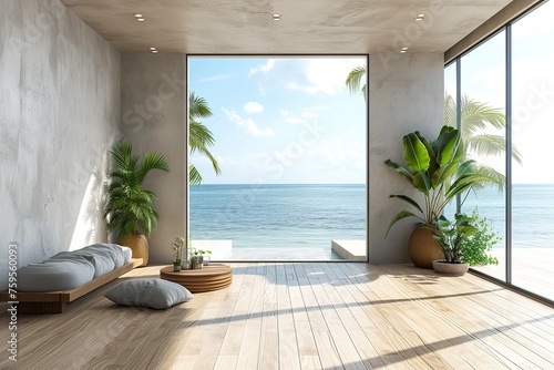 Sea view living room of luxury summer beach house with glass window and wooden floor. Empty rough white concrete wall background in vacation home or holiday villa. Hotel interior 3d illustration.