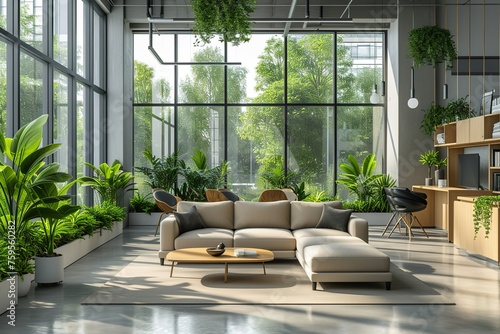 spacious and contemporary office lounge with soft and comfortable couch, large windows, high chairs and green plants, workspace organization concept