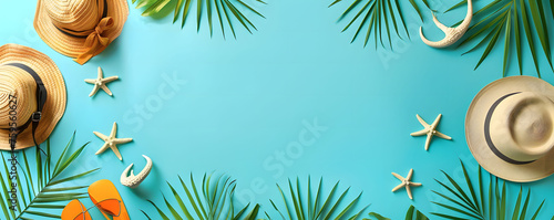 Top view flat lay of a summer background featuring starfish, oranges, beach hat, glasses, and palm leaves. A blue turquoise summer composition with space for copy or text. photo