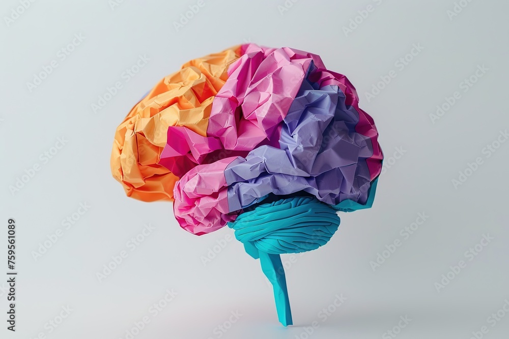 Image of a brain made of paper on an isolated background. Beautiful concept of creativity, right brain ideas. The background image represents the creativity of using the brain and creating media. - obrazy, fototapety, plakaty 