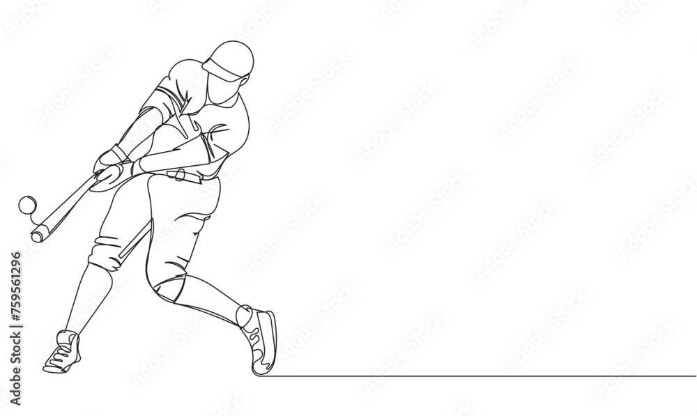 Continuous single line drawing of baseball player, line art style vector illustration
