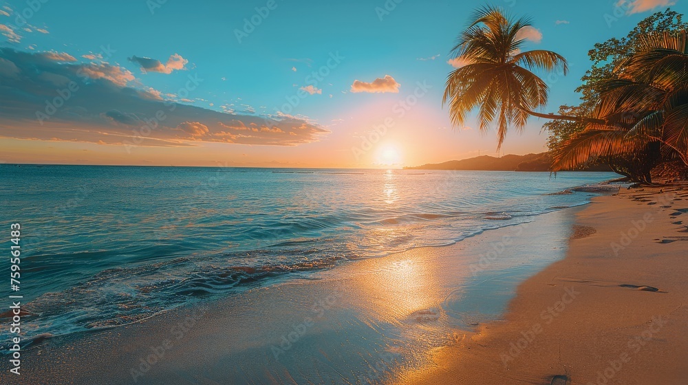 Beach With Palm Trees and Setting Sun