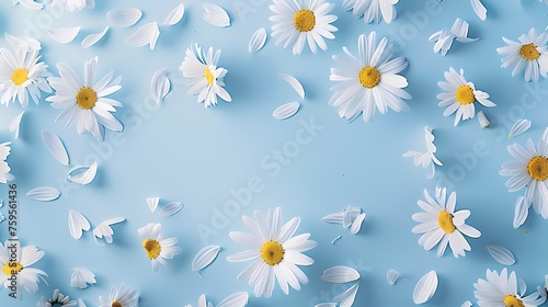 Floral frame background of Plain light blue paper structure background with blank copy space in the middle, on top of the background are smller and bigger daisy blossoms scatterd arround photo