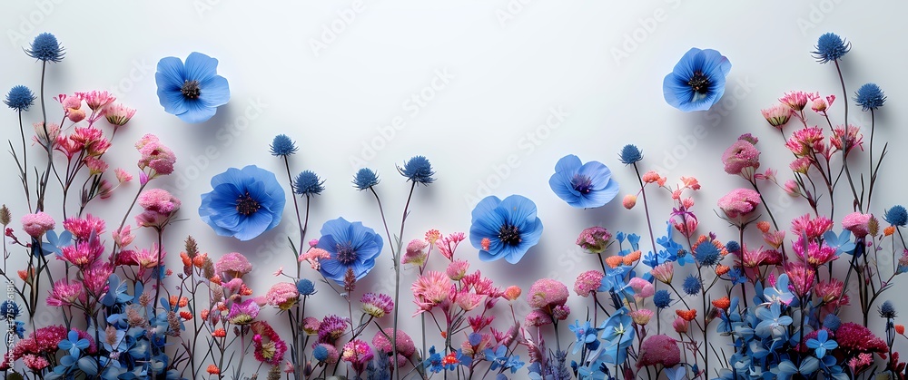 Classic simple with blank copy space on top section Small Blue and Purple Pressed wildflowers with stems laying vertically flat side-by-side on a solid white background  - obrazy, fototapety, plakaty 