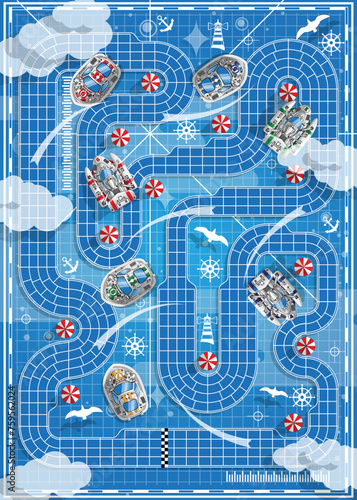 Race track on water. Board game. View from above. Vector illustration.
