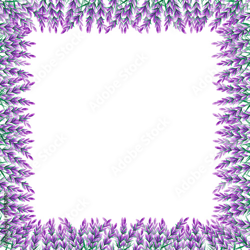 Hand drawn watercolor lavender wildflower frame border isolated on white background. Can be used for cards, invitation, poster and other printed products.