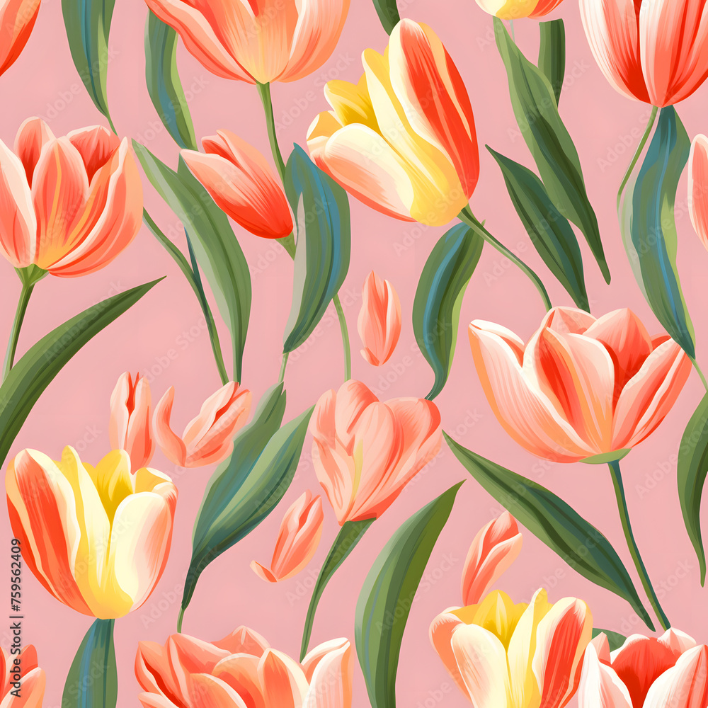 Graceful tulips in shades of peach and yellow bloom across a soft pink canvas, a lively addition to any floral collection. Artistic tulip illustration set against a pastel background. Graceful tulips in shades of peach and yellow bloom across a soft pink canvas, a lively addition to any floral collection. Artistic tulip illustration set against a pastel background.