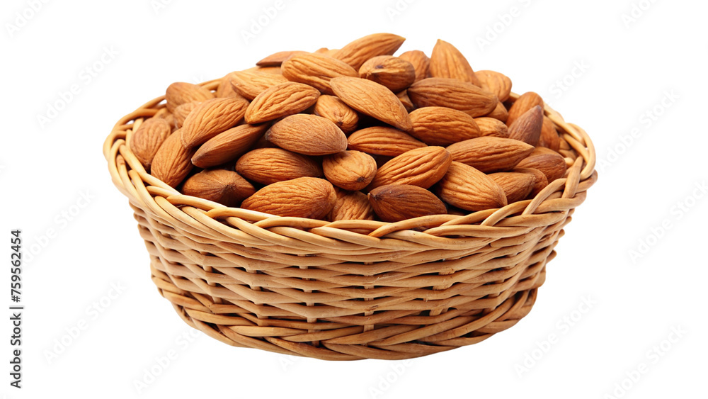 Almond nuts in a wicker basket isolated on transparent background. Almond nuts in a wicker basket isolated on transparent background.