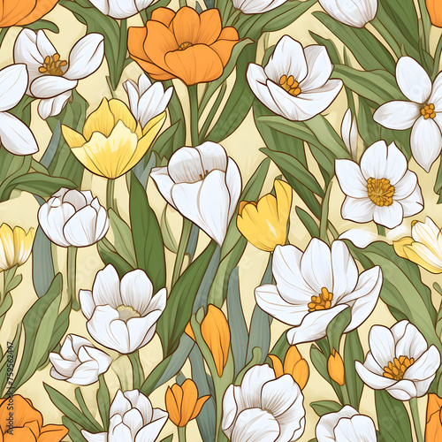 A sunny array of white and yellow flowers bursts forth on a cream background  perfect for cheerful springtime decor. Celebrate the essence of spring with this vivid illustration of white crocuses.