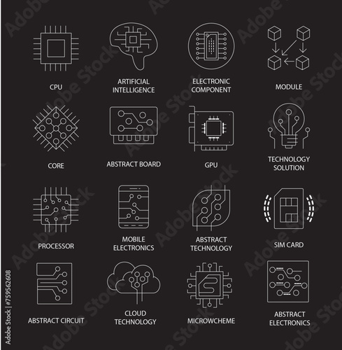 Foundational Assortment of Tech-themed Color Vector Line Icons. Contains CPU, Artificial Intelligence, SIM Card, and Additional Symbols. Customizable Outline.