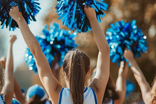 cheerleaders in blue and white uniforms hold blue pom poms high during a sunny outdoor event, showing team support and energy