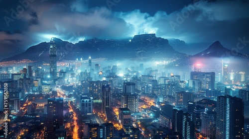 City Night View With Mountain Background