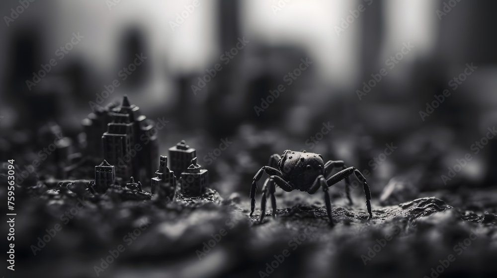 macro city with a spider - obrazy, fototapety, plakaty 