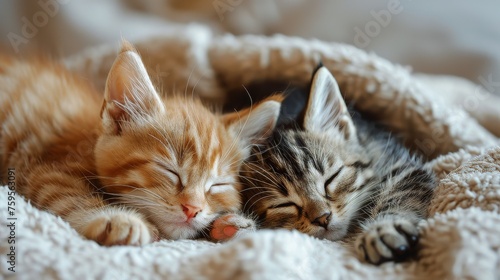 Two Kittens Cuddling Together in a Bed