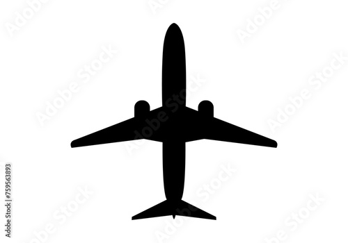 Icono de silueta negra de un avión en fondo blanco.
