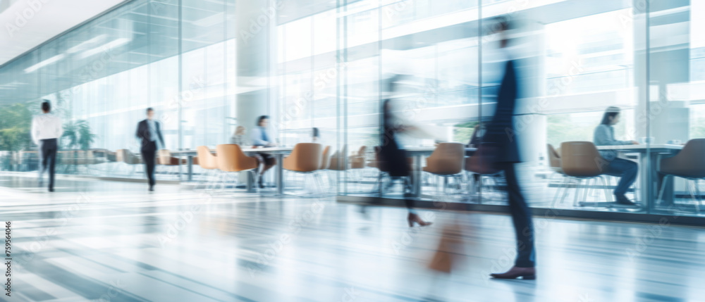 Business people walk in a large office lobby against a cityscape background. Motion blur effect, bright business workplace with people in walking in blurred motion in modern office space