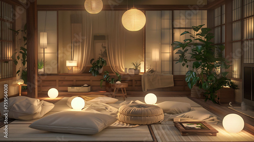 Cozy modern living room inspired by Japanese aesthetics, with tatami mats, low seating, and paper lanterns for soft lighting