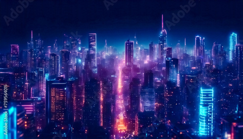  Città Futuristica- Neon Luminosi su Sfondo Blu Scuro. photo