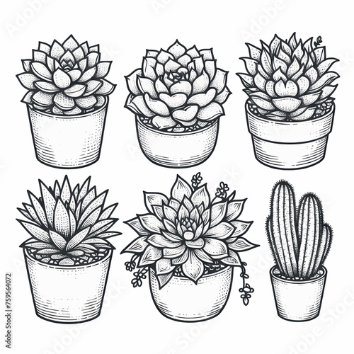 Outline drawings plants, succulents in pot vector illustration