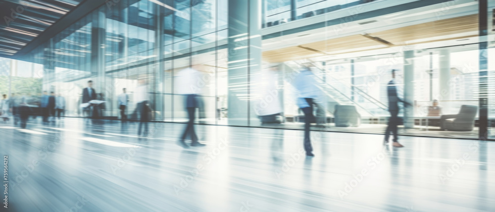 Business people walk in a large office lobby against a cityscape background. Motion blur effect, bright business workplace with people in walking in blurred motion in modern office space