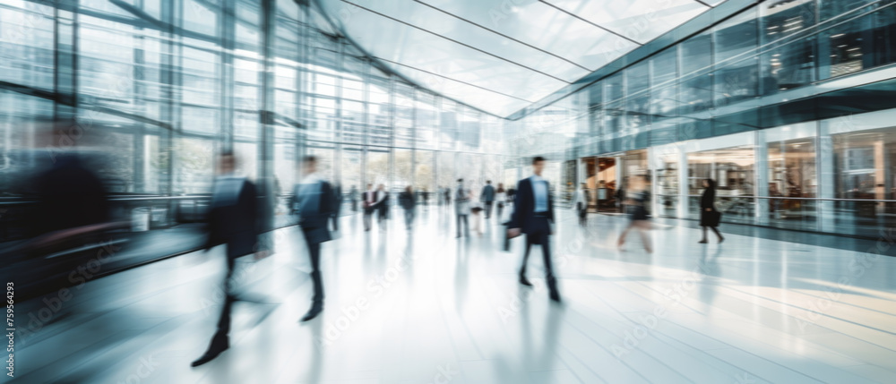 Business people walk in a large office lobby against a cityscape background. Motion blur effect, bright business workplace with people in walking in blurred motion in modern office space