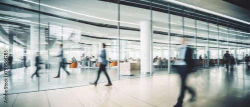 Business people walk in a large office lobby against a cityscape background. Motion blur effect  bright business workplace with people in walking in blurred motion in modern office space
