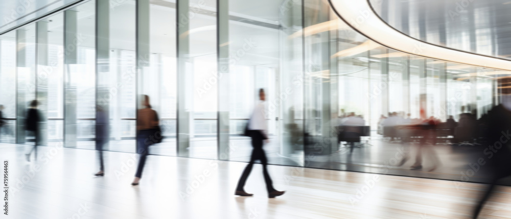 Business people walk in a large office lobby against a cityscape background. Motion blur effect, bright business workplace with people in walking in blurred motion in modern office space
