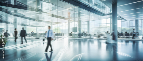 Business people walk in a large office lobby against a cityscape background. Motion blur effect, bright business workplace with people in walking in blurred motion in modern office space