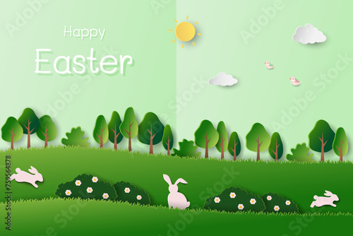 Happy Easter background on paper cut and craft style
