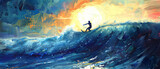 A painting of a surfer riding a wave in the ocean 