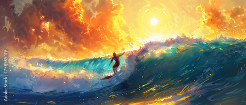 A painting of a surfer riding a wave in the ocean  photo