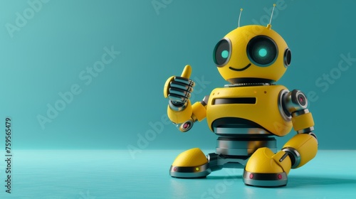 Friendly yellow robot giving thumbs up, vibrant blue background, cheerful artificial intelligence concept, modern and playful design.