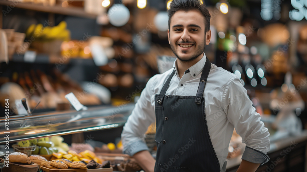 Fototapeta premium Smiling male seller in health food store