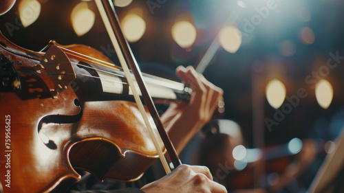Close up of a violinist's passionate performance in concert.