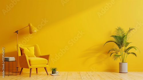 Minimalist living room armchair interior on empty yellow background. © Dentma Art