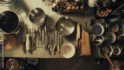Fototapeta Naklejka Na Ścianę i Meble -  Orderly kitchenware arranged meticulously from overhead.