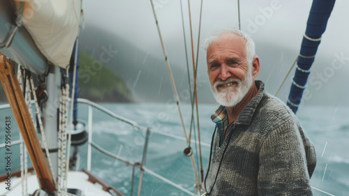 Seasoned sailor smiling aboard a sailboat in misty weather.