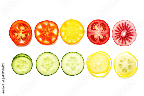Group of Sliced Tomatoes and Cucumbers. on a White or Clear Surface PNG Transparent Background.