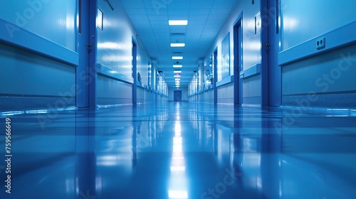 abstract blurred of hospital corridor blue color background concept