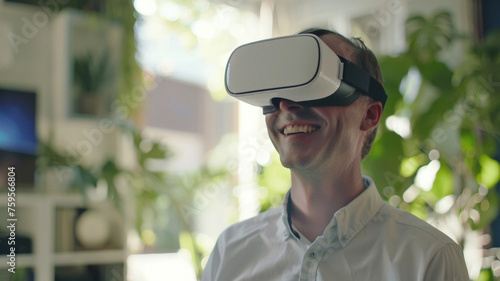 A man ventures into a virtual journey, experiencing the wonder of VR innovation smilingly. photo