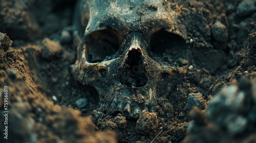 土に埋もれた頭蓋骨,Generative AI AI画像